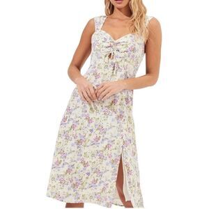 ASTR the label Cinched Bust Floral Print Midi Dress Slit Milkmade Cottage Core L